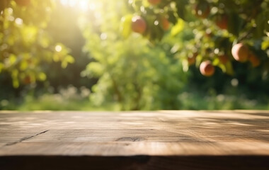 Naklejka na ściany i meble Rustic Wooden Table Top with Blurred Apple Garden Background. Banner with Empty Space for Product Display like Apple Juice, Cider. Generative AI.