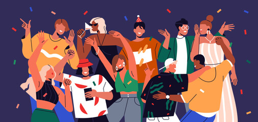 Happy young people at party, celebrating, dancing together. Friends crowd at fun celebration, holiday hangout at disco. Joyful excited men, women group at night discotheque. Flat vector illustration - obrazy, fototapety, plakaty