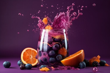 Image of Refreshment fruit cocktail with orange, blueberry, raspberry and plum splashes on purple background, an explosion of taste from different fruits, AI Generated printed on Printed Glass Splashbacks