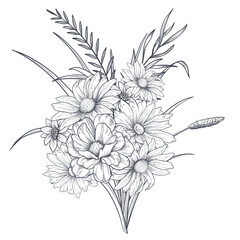 A bouquet of early spring flowers. Botanical style of engraving illustration. Vector. Black and white