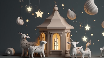 Eid al adha background with goat mosque with lanterns generative ai