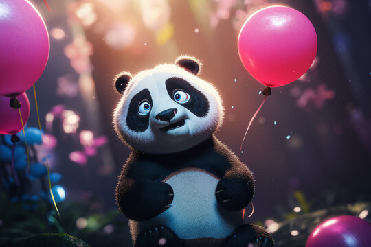 Un panda fêtant son anniversaire avec des ballons roses » IA générative