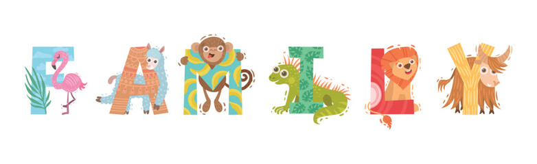 Family Animal Word with Alphabet Capital Letters and Funny Mammal Vector Inscription