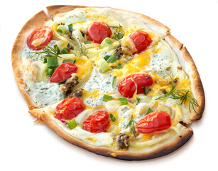 German cuisine, Flammkuchen with cheese and tomatoes. Isolate on white background