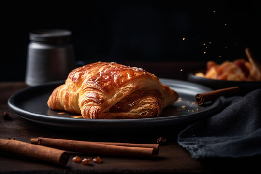 Apple turnover with a touch of cinnamon on a modern black plate, chaussons aux pommes, a classic French puff pastry, apple sauce, food art, food photography, gourmet, traditional food, Generative AI