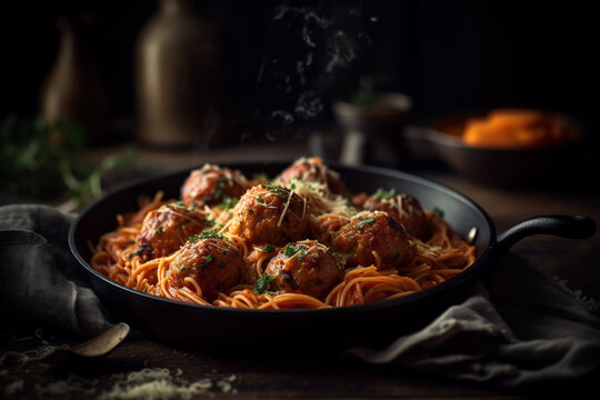 Spaghetti with meatballs in tomato sauce with brussels sprouts and sweet potatoes on a sleek black plate, traditional Italian cuisine food generative AI