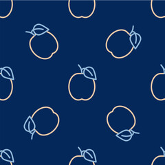 Line Plum fruit icon isolated seamless pattern on blue background. Vector