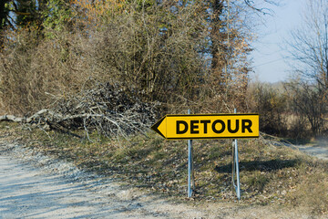 DETOUR sign on the forest gravel road shows to left.