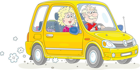 Happy grandpa and grandma riding in their yellow car, vector cartoon illustration isolated on a white background