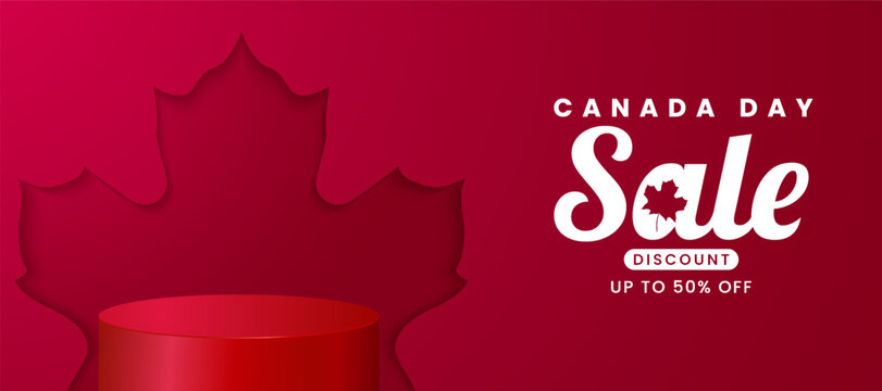 1st July 2020 Happy Canada Day banner sale for independence day background with red maple and podium. Vector illustration greeting card. Canada holiday concept design. Red White theme with Maple leaf.