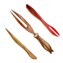 Watercolor dessert blue, gray and black plates, wooden fork illustrations in the Japanese cherry blossom festival. Elements isolated on white background.