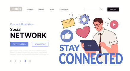 
Social network. Stay Connected! Concept of Internet activity & online connections. Website, template, landing page. Vector characters flat cartoon illustration.