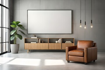 Living room interior have cabinet with blank tv mockup and leather armchair in cement room with concrete wall