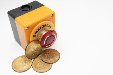 crypto currency price stop loss concept, big red pushing emergency stop button on white background....
