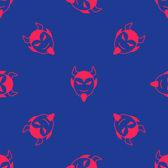 Red Devil head icon isolated seamless pattern on blue background. Happy Halloween party. Vector
