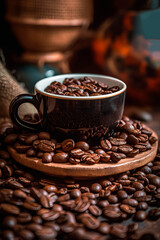 Fototapeta premium A cup of coffee sitting on top of a pile of coffee. Generative AI