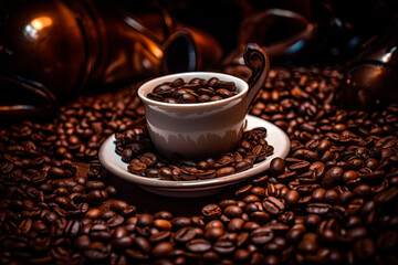  A cup of coffee sitting on top of a pile of coffee. Generative AI