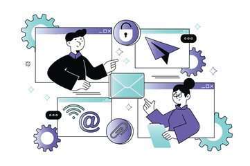 Mail waist height concept with people scene in the flat cartoon style. Two friends use e-mail to communicate. Vector illustration.