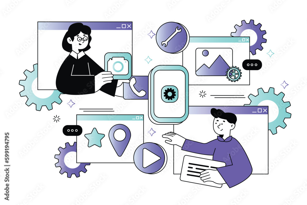 Poster app development waist height concept with people scene in the flat cartoon design. two programmers w