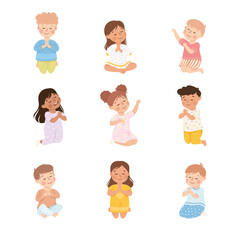Little Kids Praying Sitting on the Floor with Bended Knees Vector Set