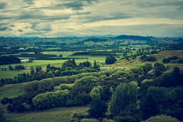 Fototapeta na wymiar Retro style photo of New Zealand Landscape with green rolling hills and distant mountain range under cloudy sky. Greys Hill Lookout, Gisborne, North Island, New Zealand