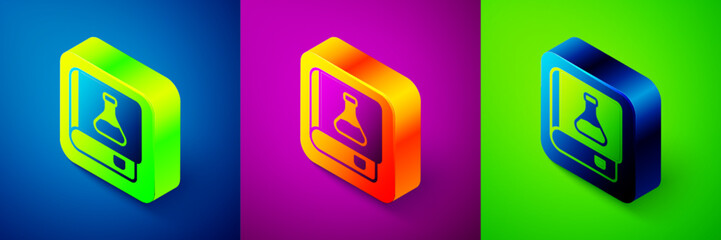 Isometric Chemistry book icon isolated on blue, purple and green background. Square button. Vector