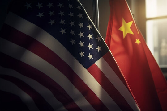 American and Chinese flags. 