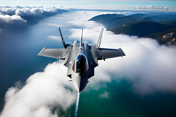 Illustration of flying jet fighter military plane. Transportation concept image.