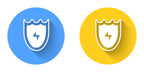 White Lightning and shield icon isolated with long shadow background. High voltage shield. Safe energy. Circle button. Vector