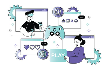 Gaming waist-height concept with people scene in the flat cartoon design. Boy and girl decided to relax and play computer games. Vector illustration.