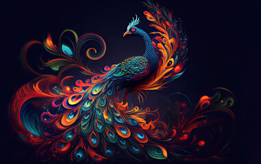 Beautiful rainbow color peacock illustration (Generative AI)
