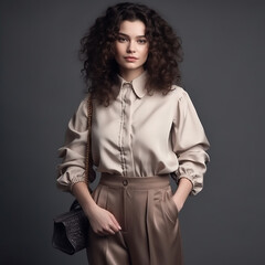 Fashion beauty model curly dark hair, skinny body, makeup wear clothes silk pants jacket, in green studio background, generative AI 