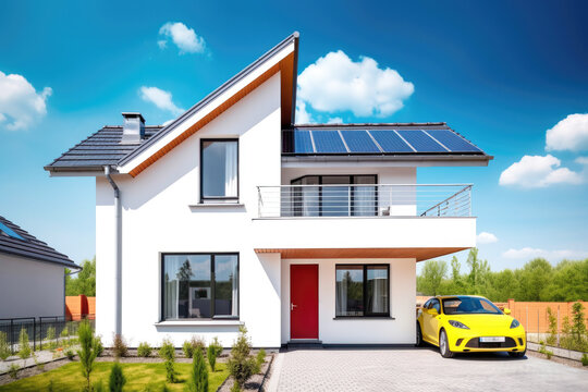 Illustration of modern energy saving detached house with solar panels on roof as green sustainable energy home concept illustration (Generative AI)