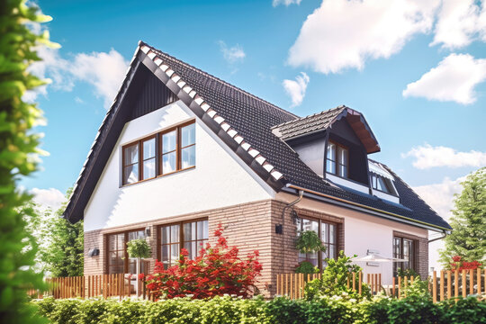 Illustration of modern German detached house with beautiful garden as city real estate photography (Generative AI)