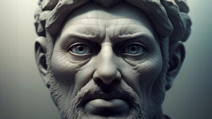 close-up stone sculpture of a man's head with lively blue eyes. generative ai