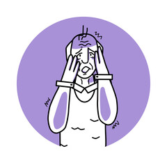 Frightened old man, emotion of fear, facial expression with gestures. Afraid grandfather, expressing her panic feelings. Purple vector circle icon.