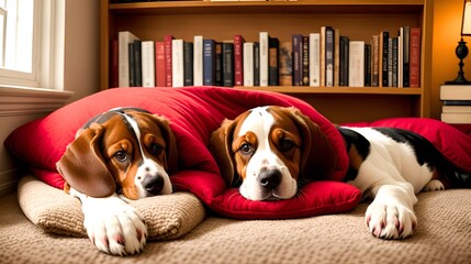 A cozy scene with a cute Basset hound dog snuggled up in a fluffy red blanket
