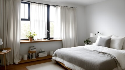 Fototapeta na wymiar A minimalist bedroom with a simple white bed and gray walls