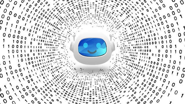 A cute 3D chatbot floating on a tunnel-like background of 0s and 1s representing the revolution in information technology