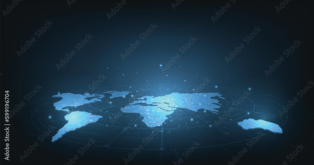 Poster World map polygonal network lines concept. Blank blue vector map of the world isolated on a dark blue background, flat globe, Global geography in a polygonal pattern.	