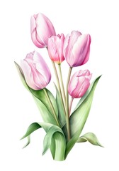 Watercolor bouquet of pink tulips isolated on white background. Generative AI.