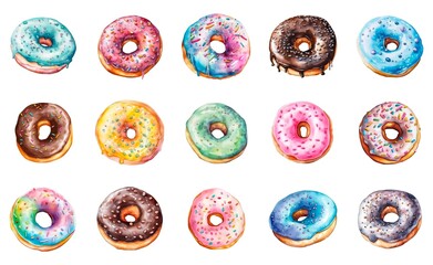 Watercolor set of a different glazed donuts isolated on white background. Generative AI.