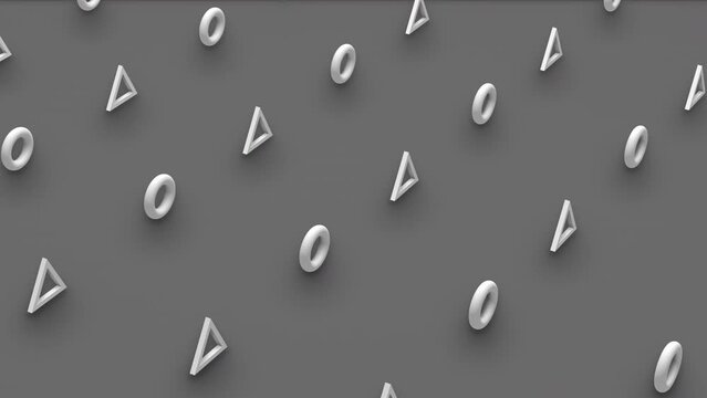 Futuristic 3d render of triangle and torus isoca shapes with random rotating effect in isometric view. Computer generated loop animation. 4K seamless motion design