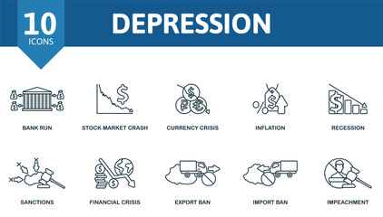 Depression outline set. Creative icons: bank run, stock market crash, currency crisis, inflation, recession, sanctions, financial crisis, export ban, import ban, impeachment.