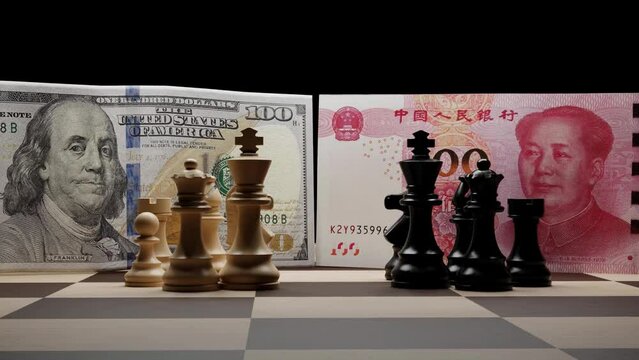 Dollar and yuan with chess pieces, A metaphor for the competition between the Chinese yuan and the US Dollar. Economic and financial war. Concept of crisis