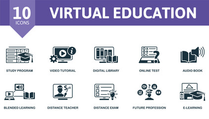 Virtual education outline set. Creative icons: study program, video tutorial, digital library, online test, audio book, blended learning, distance teacher, distance exam, future profession, e-learning - obrazy, fototapety, plakaty