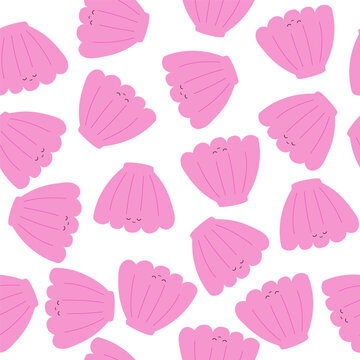 Pink cute shell seamless pattern. Sea summer print. Vector hand drawn illustration.
