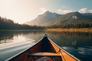 Canoe floating on a serene mountain lake surrounded by tall pine trees on a peaceful morning. Ai generated
