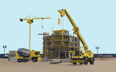Machinery engineering and construction team working at site.Vector illustration