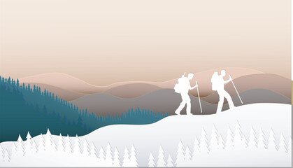 Backpacker climbing to the top of  frost.Vector paper cut style.